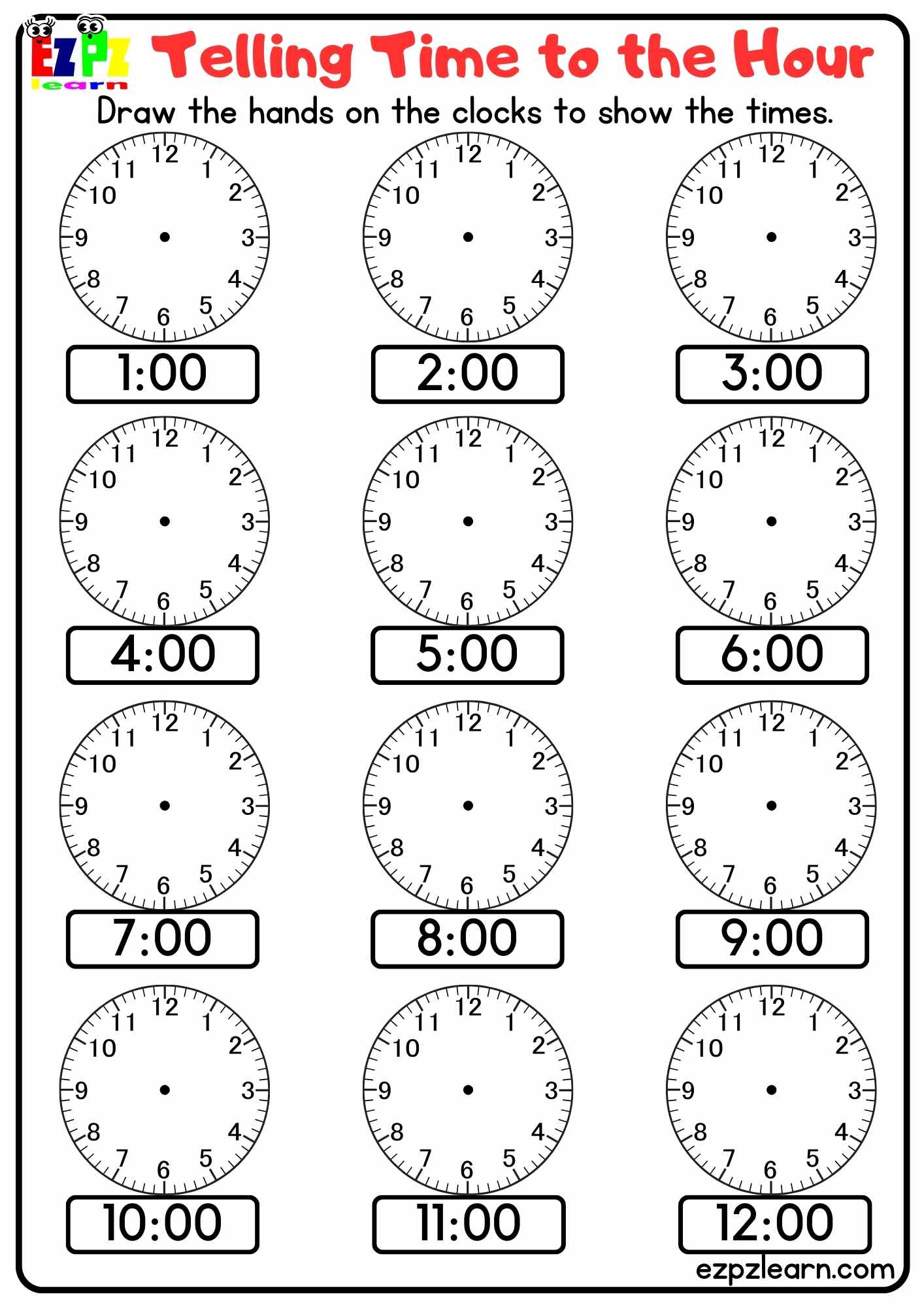 Telling Time to the Hour Draw the Hands on the Clocks Free PDF Download
